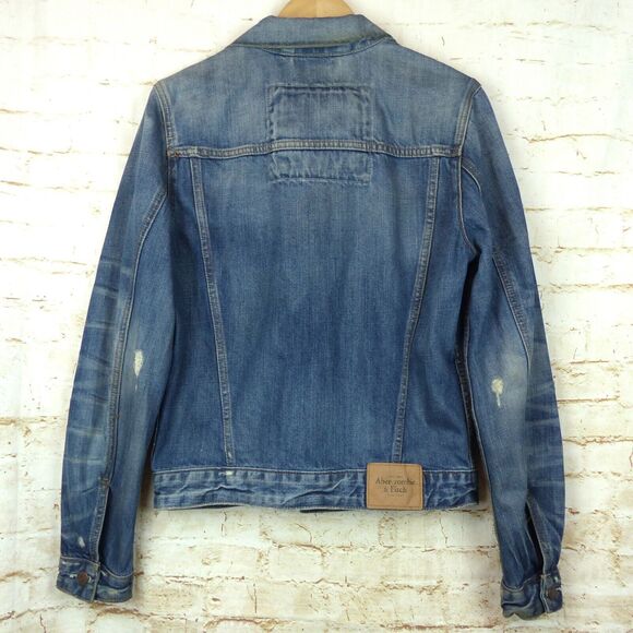 VTG Abercrombie & Fitch Trucker Jacket Men L Slim Blue Denim Wash Distress Y2K - Picture 2 of 14